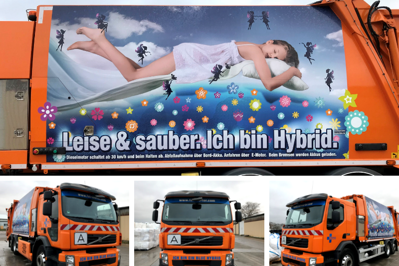 Emissionsfrei und leise durch die Innenstadt: Der Hybrid LKW im Strombetrieb. Containerdienst Erfurt Thüringen Hybrid LKW